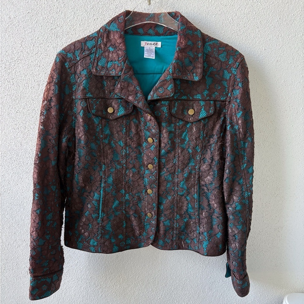 Jendo Brown lace over turquoise button‎ up Jacket Size 12 Slit pockets